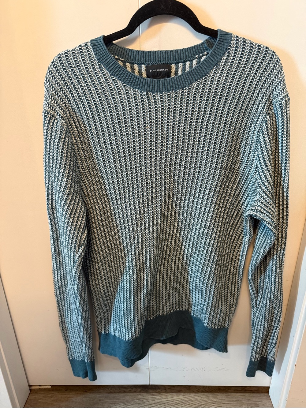Club Monaco Teal and White Textured Knit Crewneck Sweater